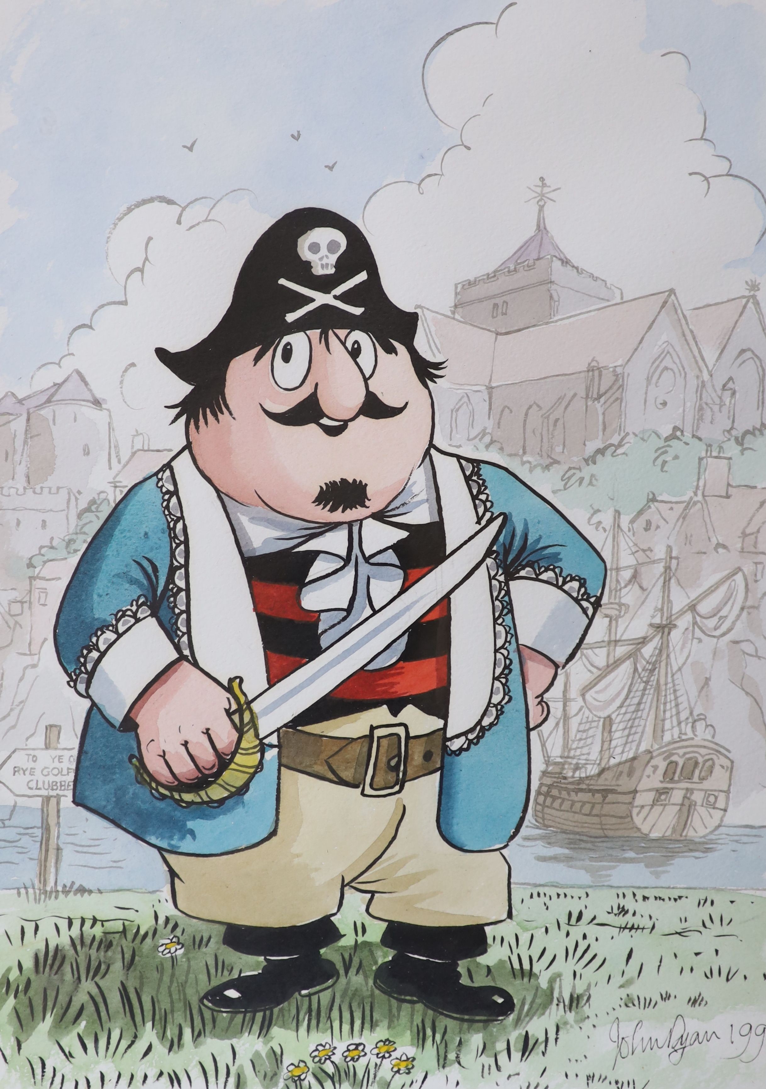 John Ryan (1921-2009), ink and water original cartoon, Captain Pugwash at Rye Golf Club, signed and dated 1995, 34 x 24cm